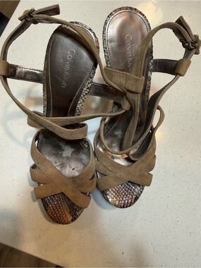 Calvin Klein Tan Suede Strappy Heels with Snakeskin and Lifted Base